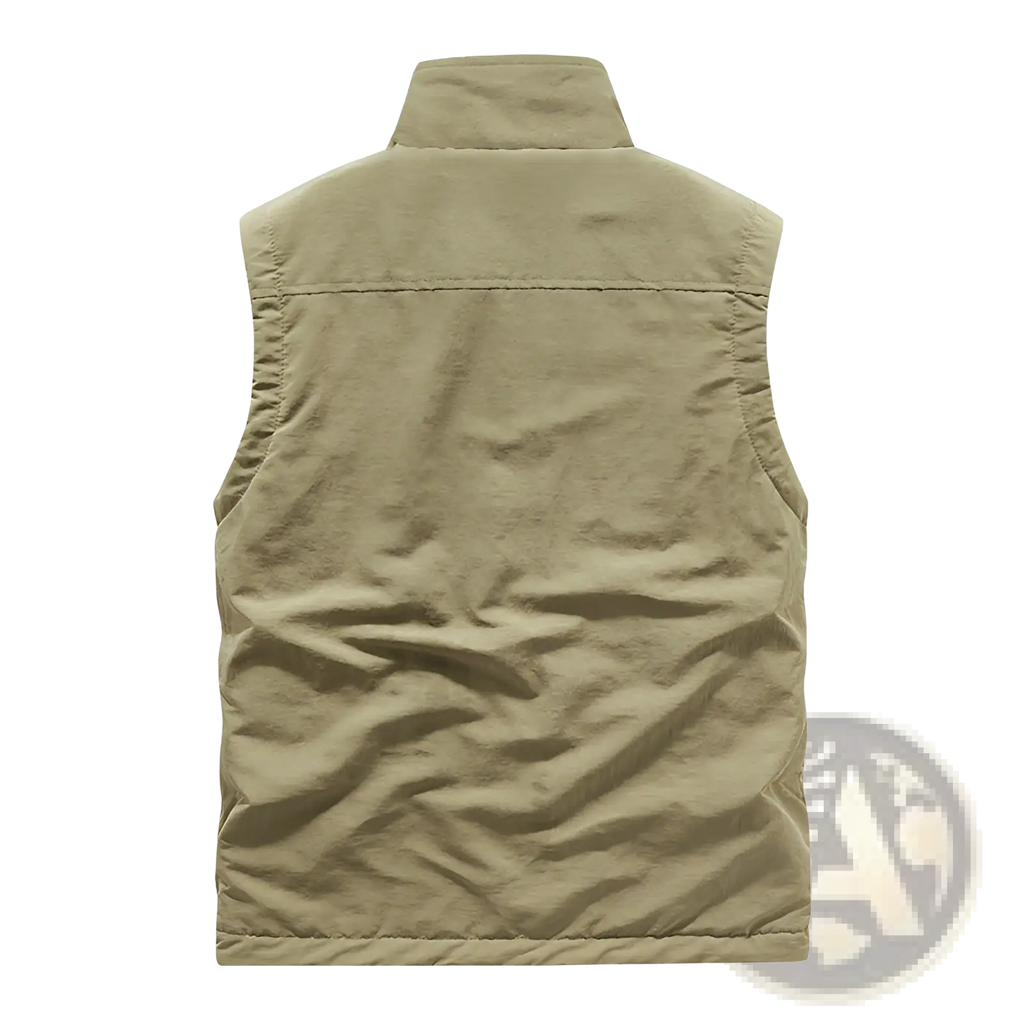 Men fleece cargo vest in khaki color with quilted design stand-up collar and visible stitching for outdoor use