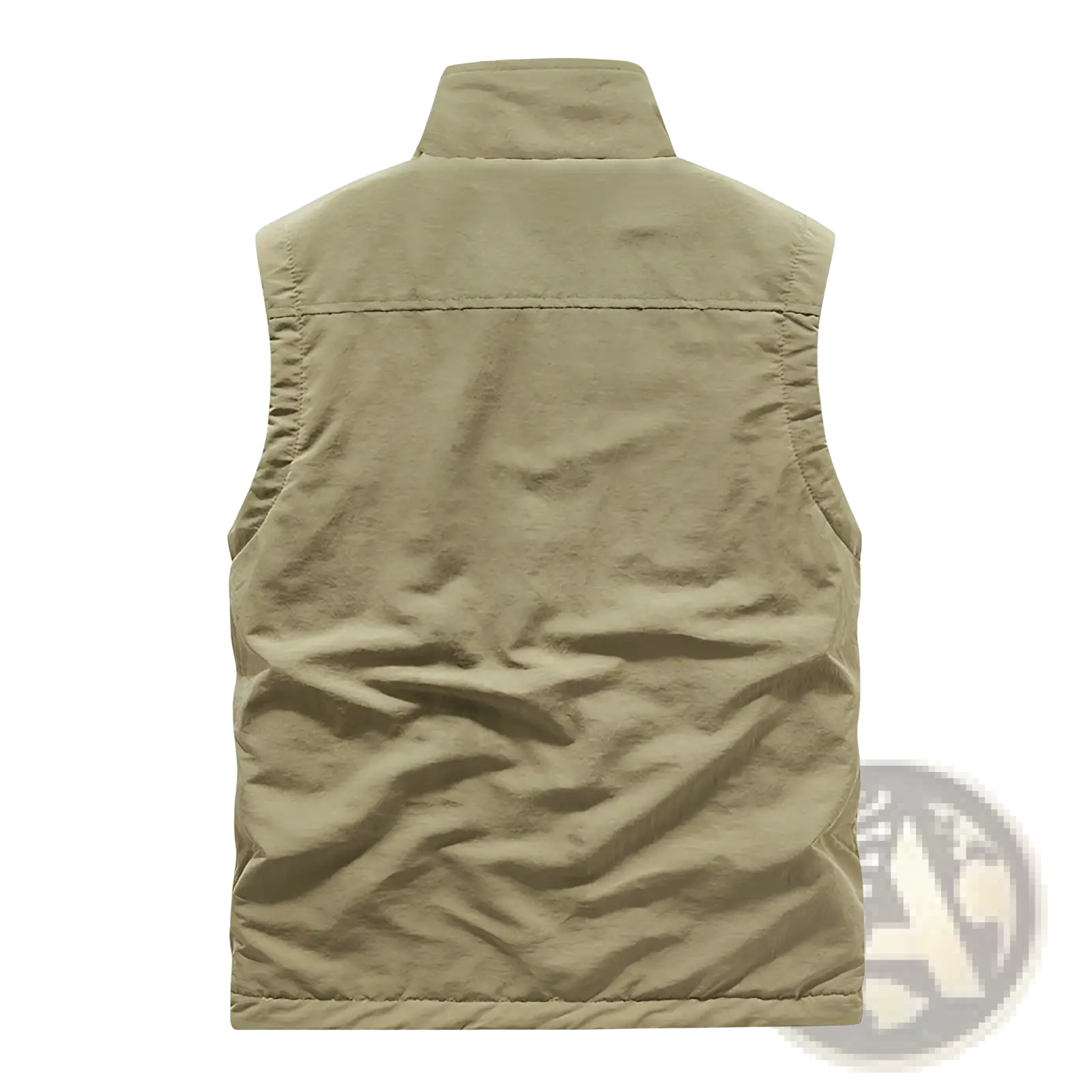 Men fleece cargo vest in khaki color with quilted design stand-up collar and visible stitching for outdoor use