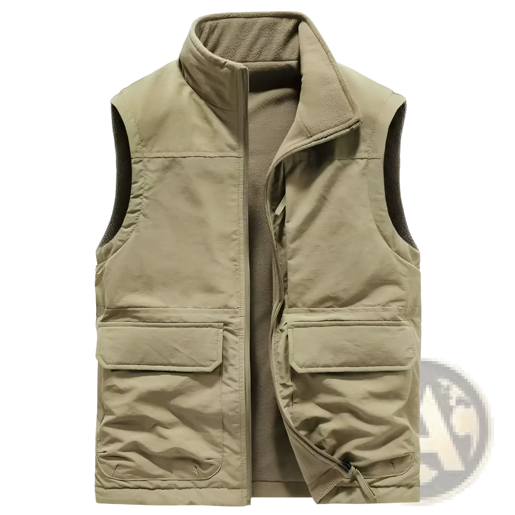 Men fleece cargo vest in khaki with quilted design fleece-lined collar and two front pockets for outdoor use