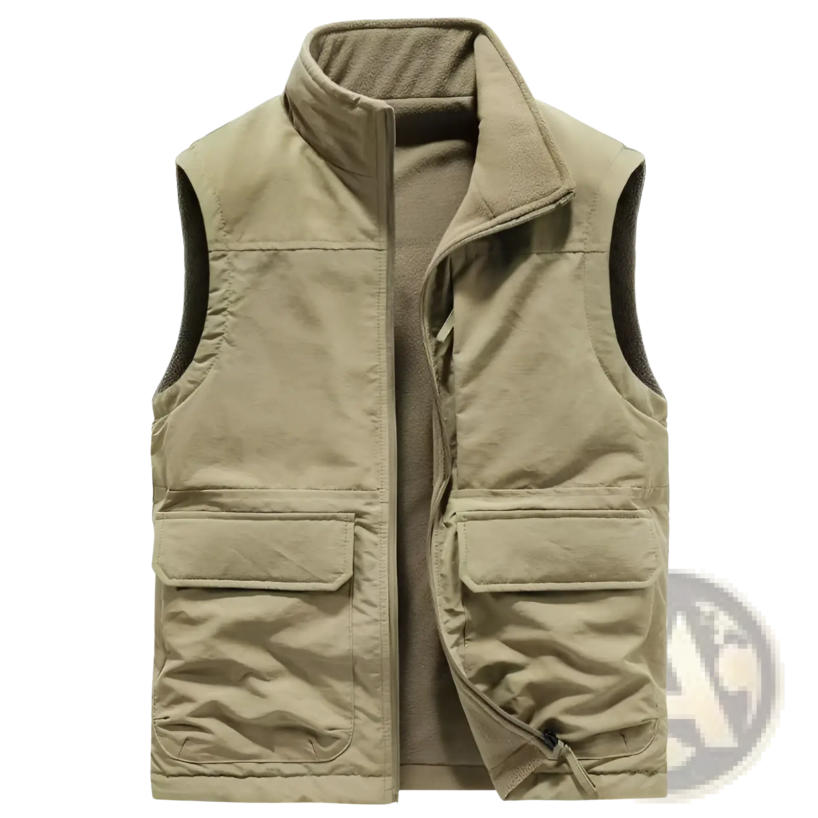 Men fleece cargo vest in khaki with quilted design fleece-lined collar and two front pockets for outdoor use