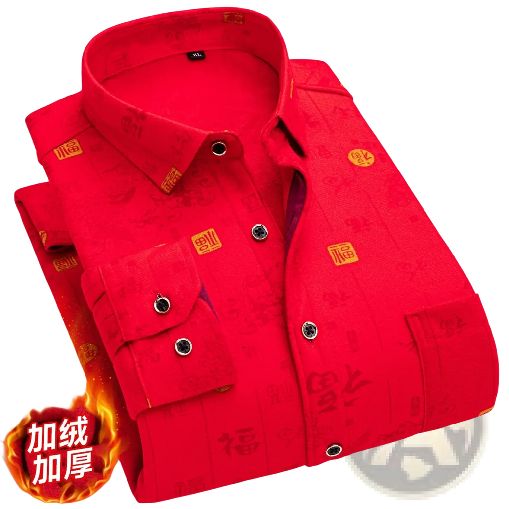Men fleece Chinese red winter shirt with gold embroidery black buttons and plus thick fleece lining for cold weather