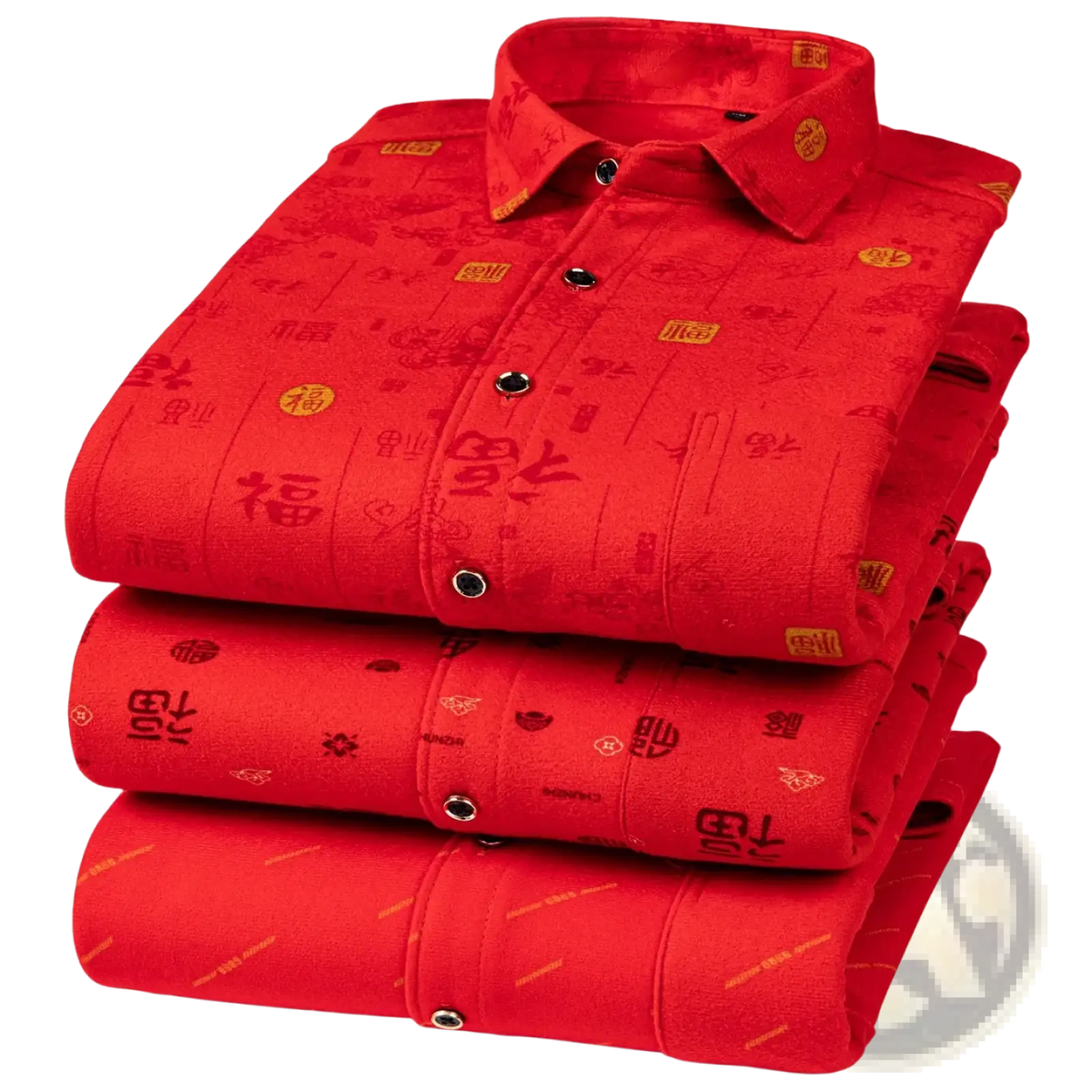 Stack of three men fleece Chinese red long-sleeved winter shirts with gold and dark red patterned characters