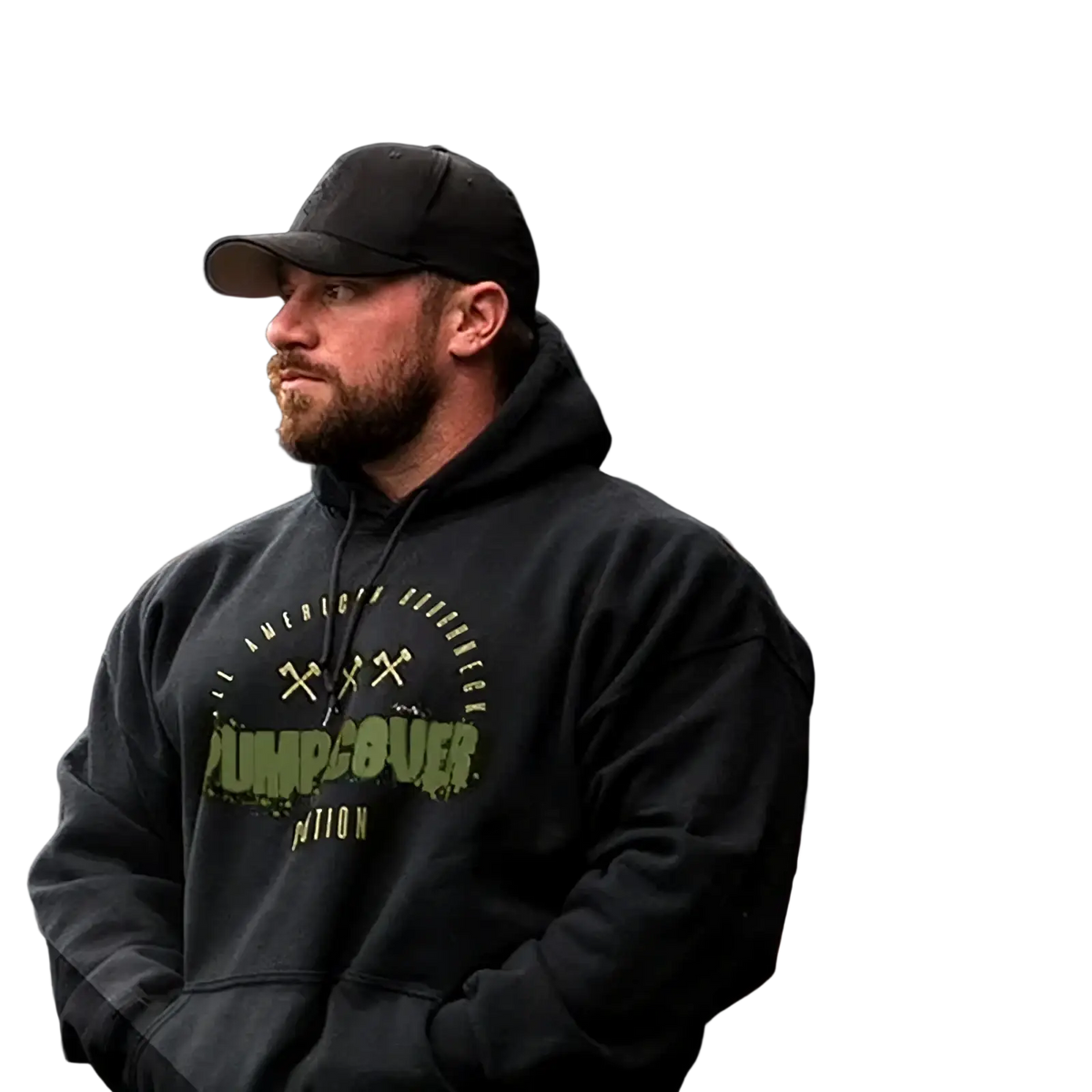 Men fleece gym hoodie pullover in black with green pumpcover nation graphic and crossed hammer design, featuring thick fleece lining