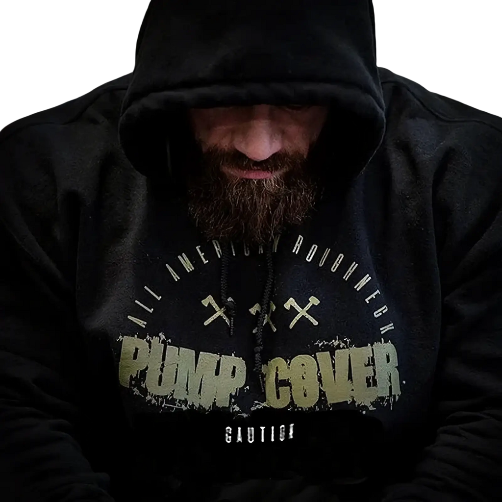 Black fleece men gym hoodie pullover with distressed olive green white pump cover graphic and all american roughneck text