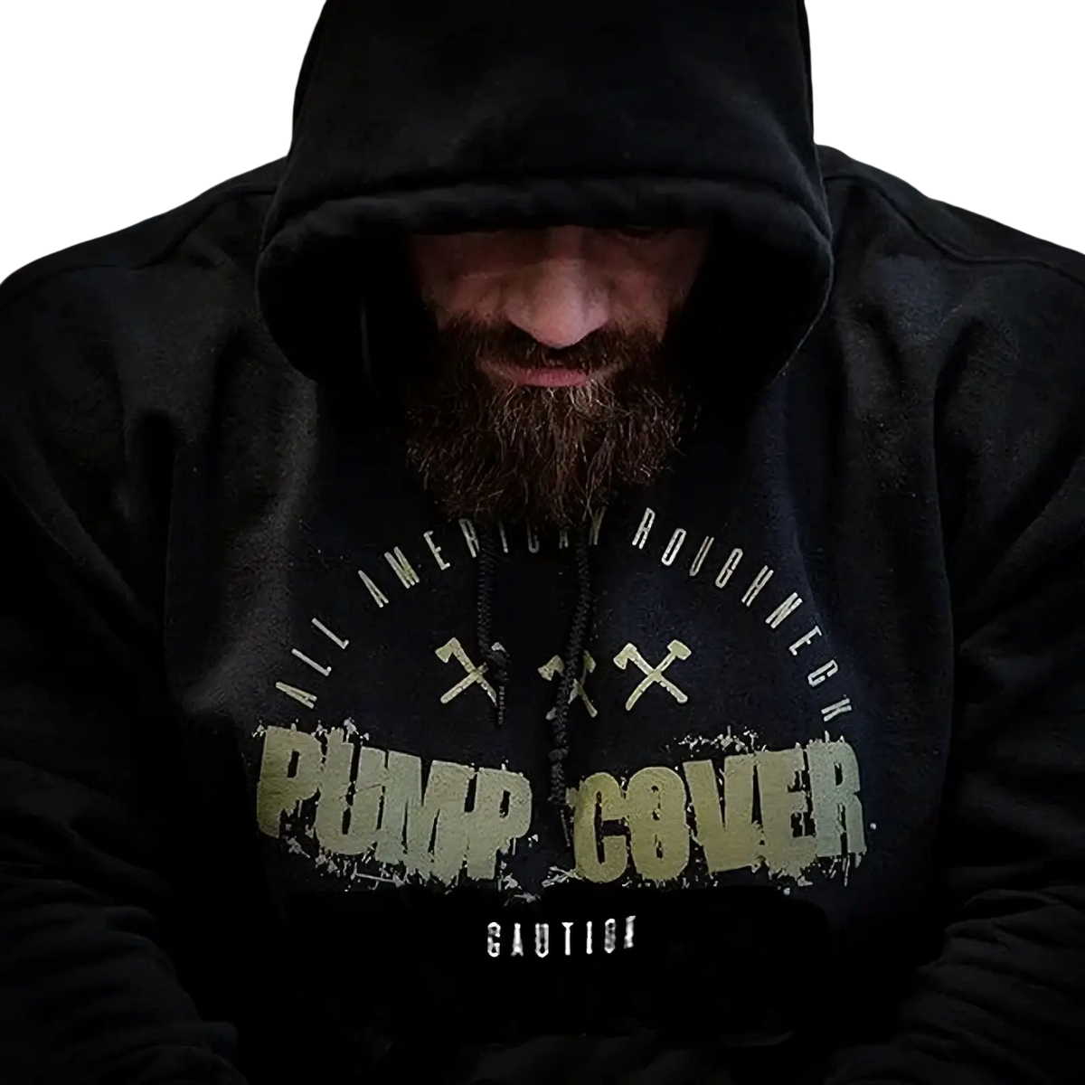 Black fleece men gym hoodie pullover with distressed olive green white pump cover graphic and all american roughneck text