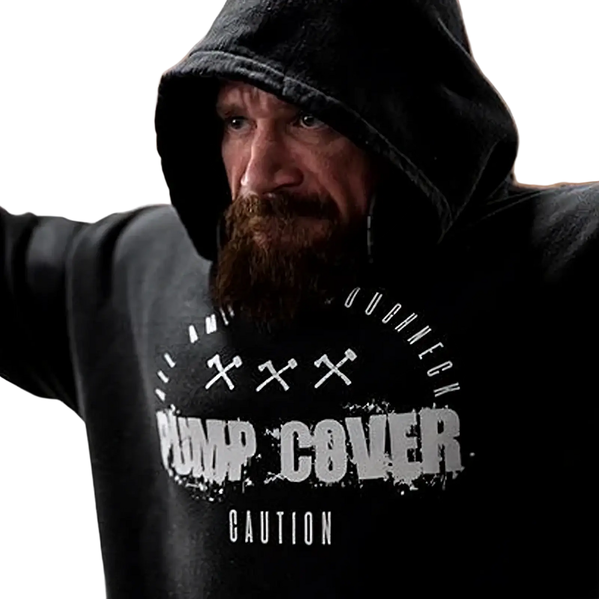 Men fleece gym hoodie pullover in black with white distressed pump cover caution graphic and crossed hammers design