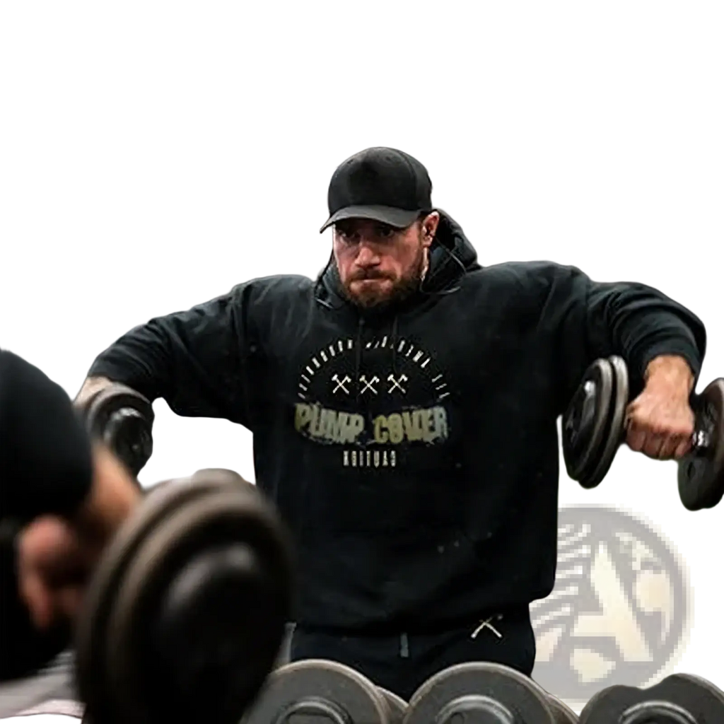 Men fleece gym hoodie pullover in black featuring pump cover graphic and crossed hammer design on the front