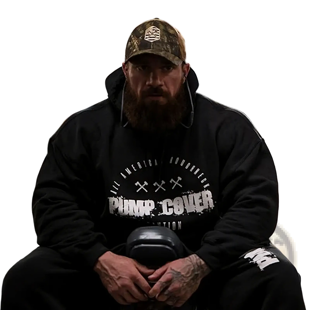 Men fleece gym hoodie pullover in black with pump cover graphic and crossed hammer design worn by a bearded man