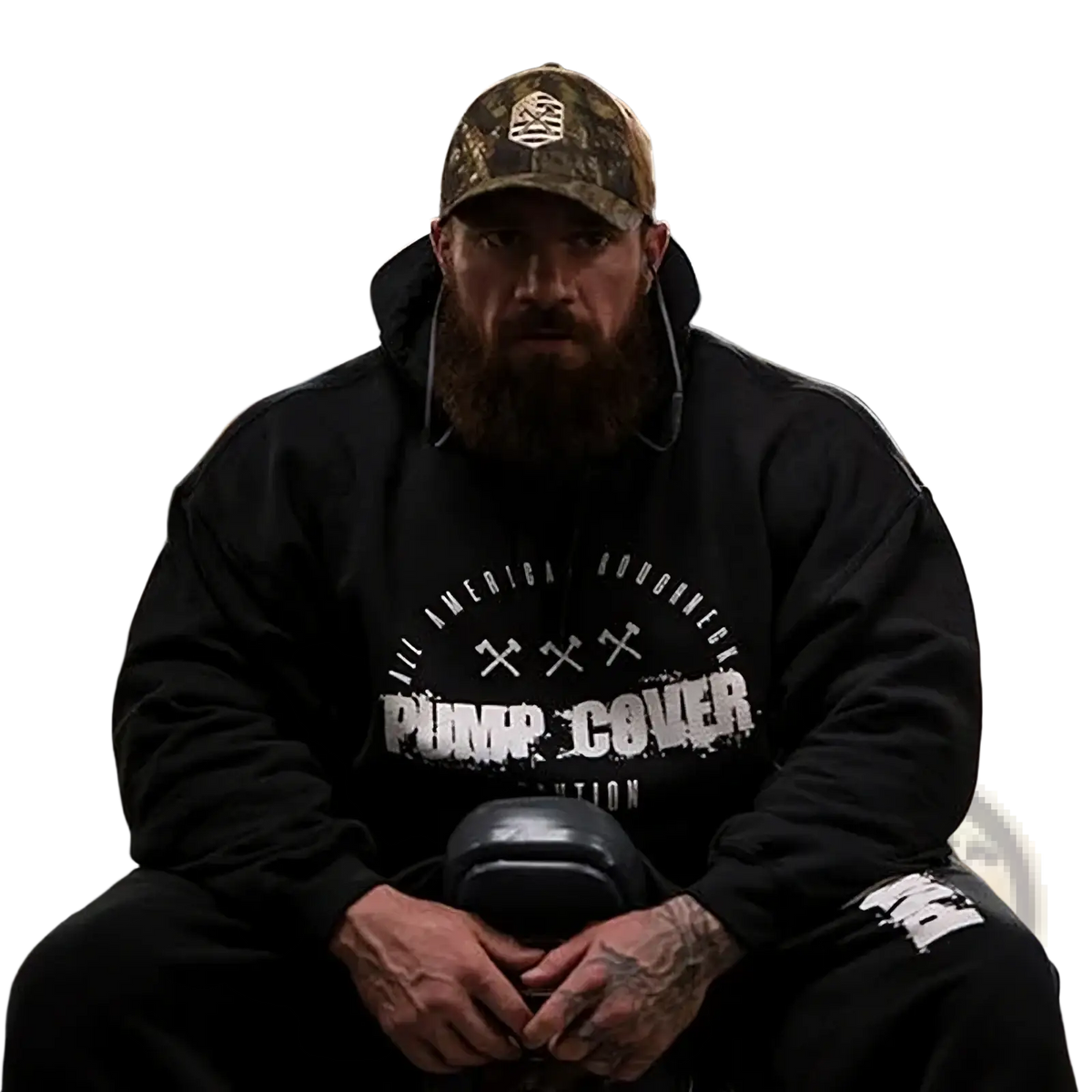 Men fleece gym hoodie pullover in black with pump cover graphic and crossed hammer design worn by a bearded man
