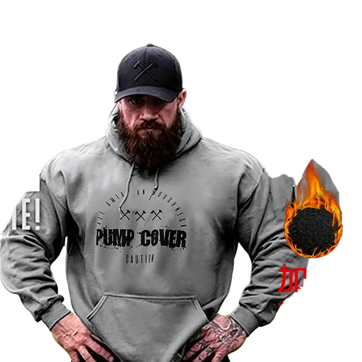 Men fleece gym hoodie pullover in gray with black graphic print and drawstring hood for activewear use