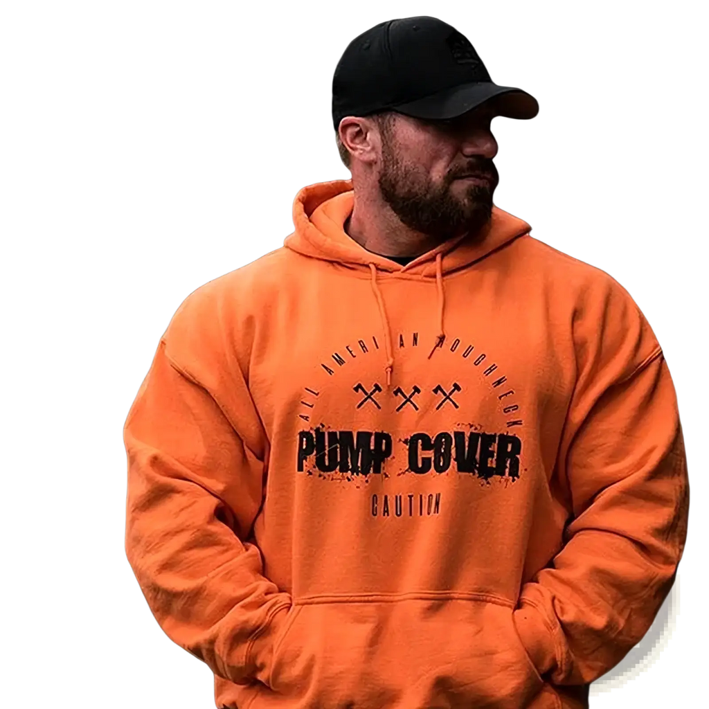 Men fleece gym hoodie pullover in orange with black graphic print and drawstring hood for athletic wear