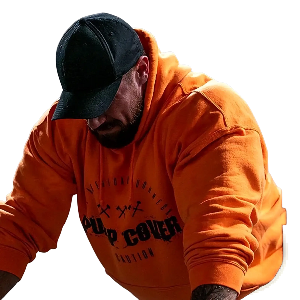 Men fleece gym hoodie pullover in orange with black graphic print and drawstring hood for comfortable workouts