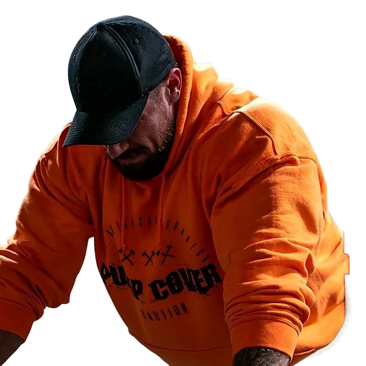 Men fleece gym hoodie pullover in orange with black graphic print and drawstring hood for comfortable workouts