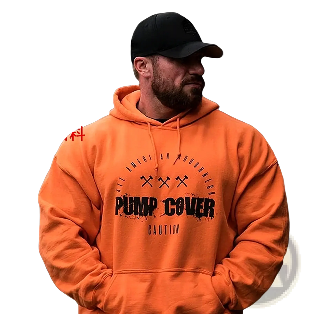 Orange fleece gym hoodie pullover for men with black graphic print and drawstring hood