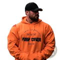 Orange fleece gym hoodie pullover for men with black graphic print and drawstring hood