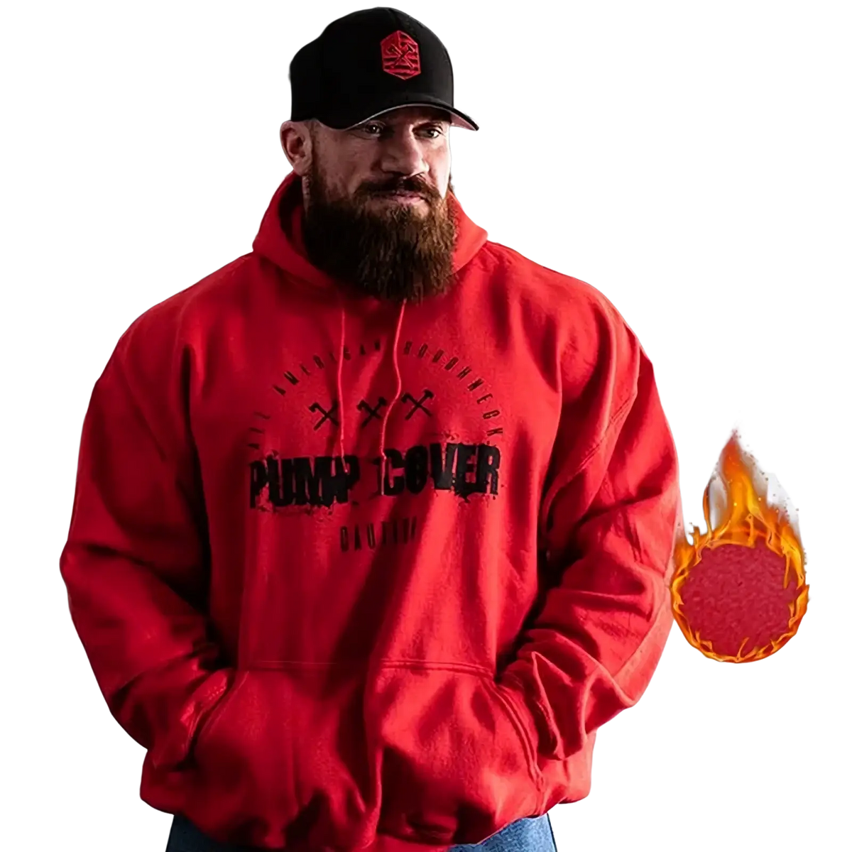 Men fleece gym hoodie pullover in red with black graphic text and thick fleece lining for warmth and comfort