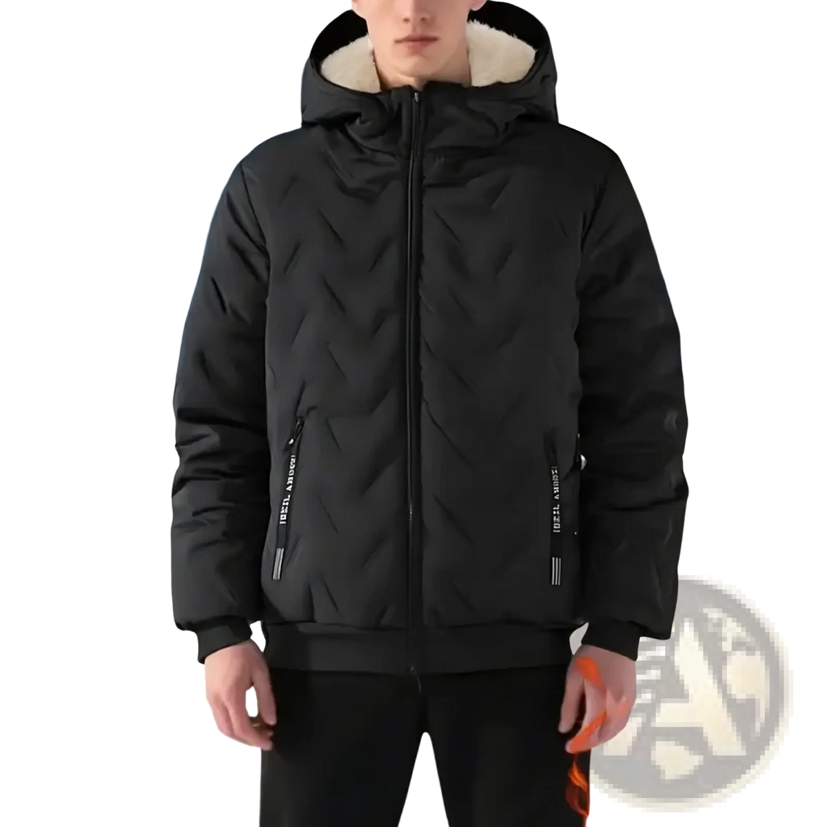 Men fleece hooded winter parka jacket in black quilted fabric with plush white fleece lining and vertical zipper pockets