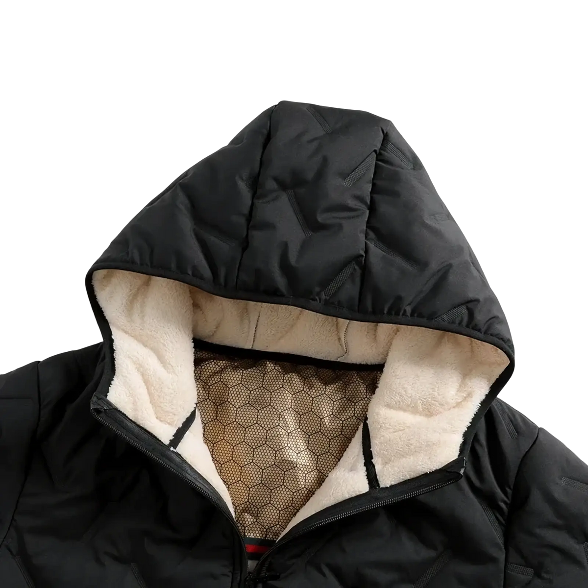 Men fleece hooded winter parka jacket with black quilted hood, plush cream fleece lining, and honeycomb mesh interior