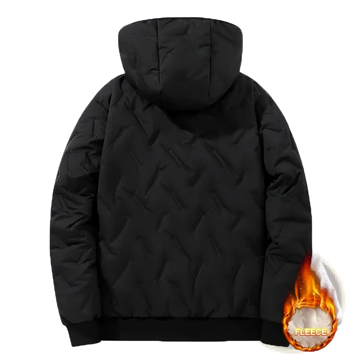 Men fleece hooded winter parka jacket in black with quilted exterior and fleece lined interior for cold weather use