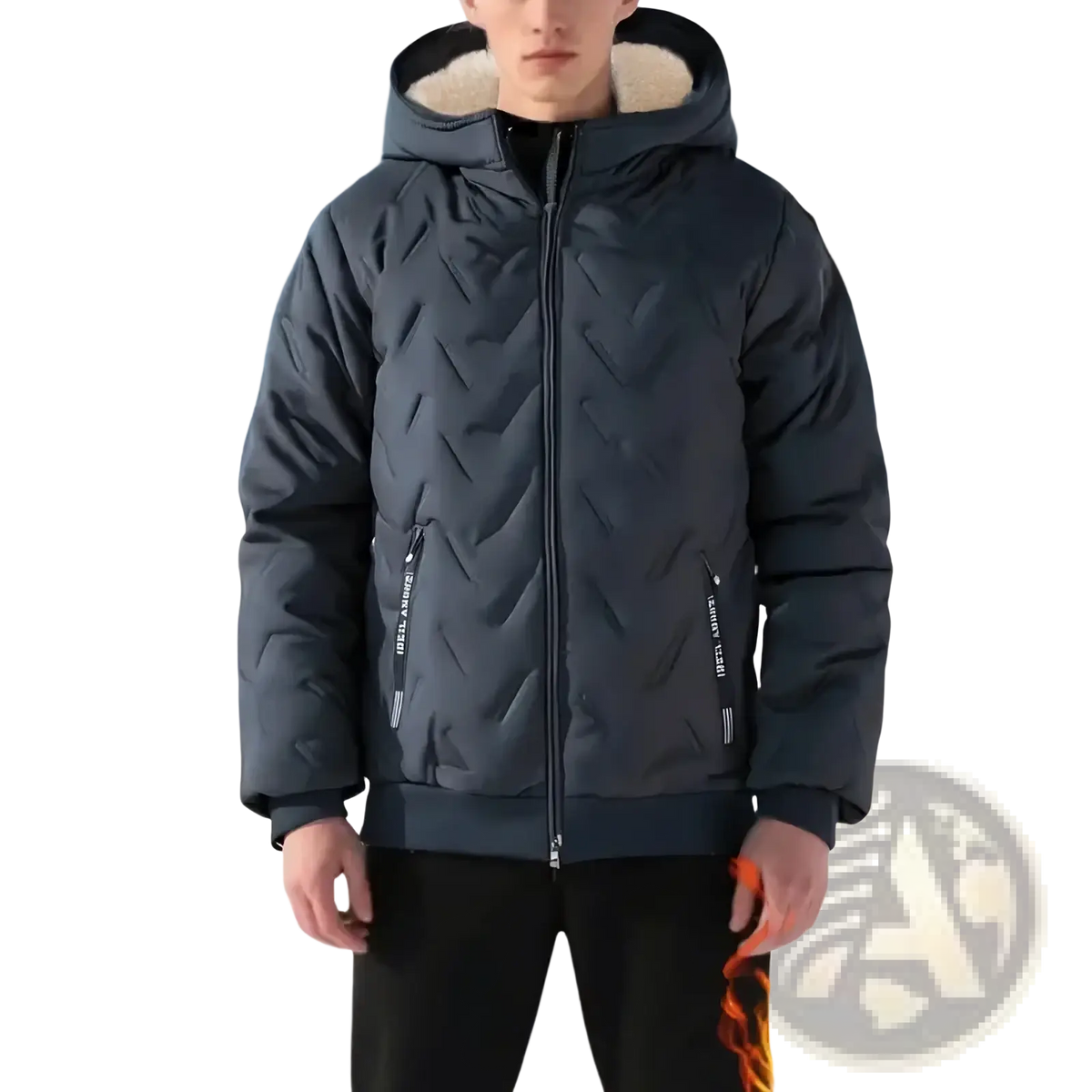 Men fleece hooded winter parka jacket in dark gray with plush white fleece lining and diagonal quilted stitching pattern