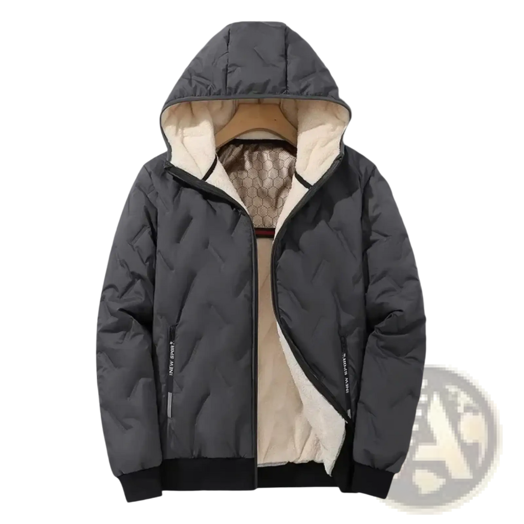 Men fleece hooded winter parka jacket in dark gray quilted design with cream fleece lining and honeycomb inner collar