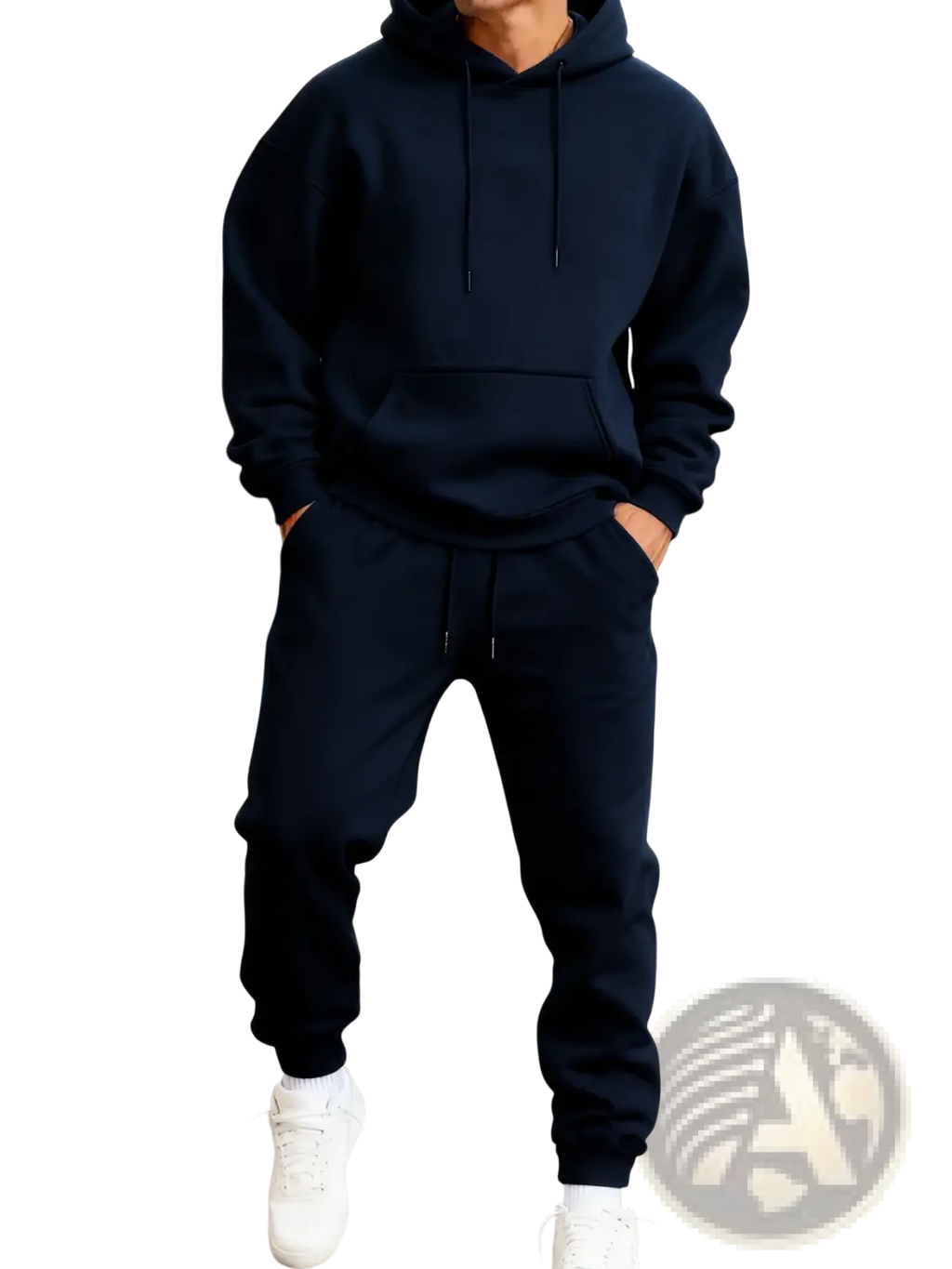 Men fleece hoodie and jogger set featuring a navy blue hooded sweatshirt with drawstring and front pocket