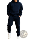 Men fleece hoodie and jogger set featuring a navy blue hooded sweatshirt with drawstring and front pocket