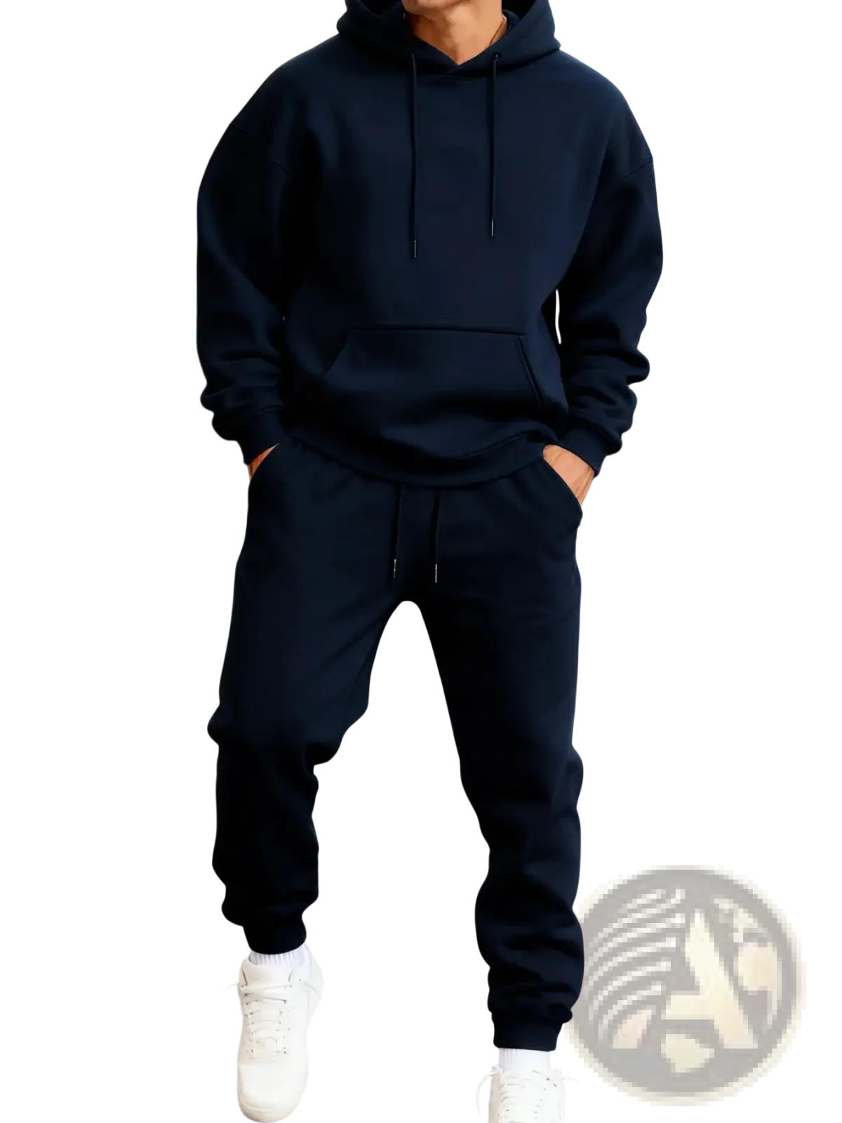 Men fleece hoodie and jogger set featuring a navy blue hooded sweatshirt with drawstring and front pocket