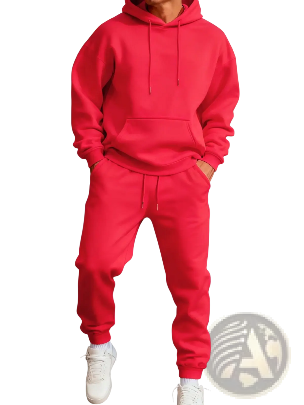 Men fleece hoodie and jogger set in vibrant red made of soft cotton fabric with matching drawstrings