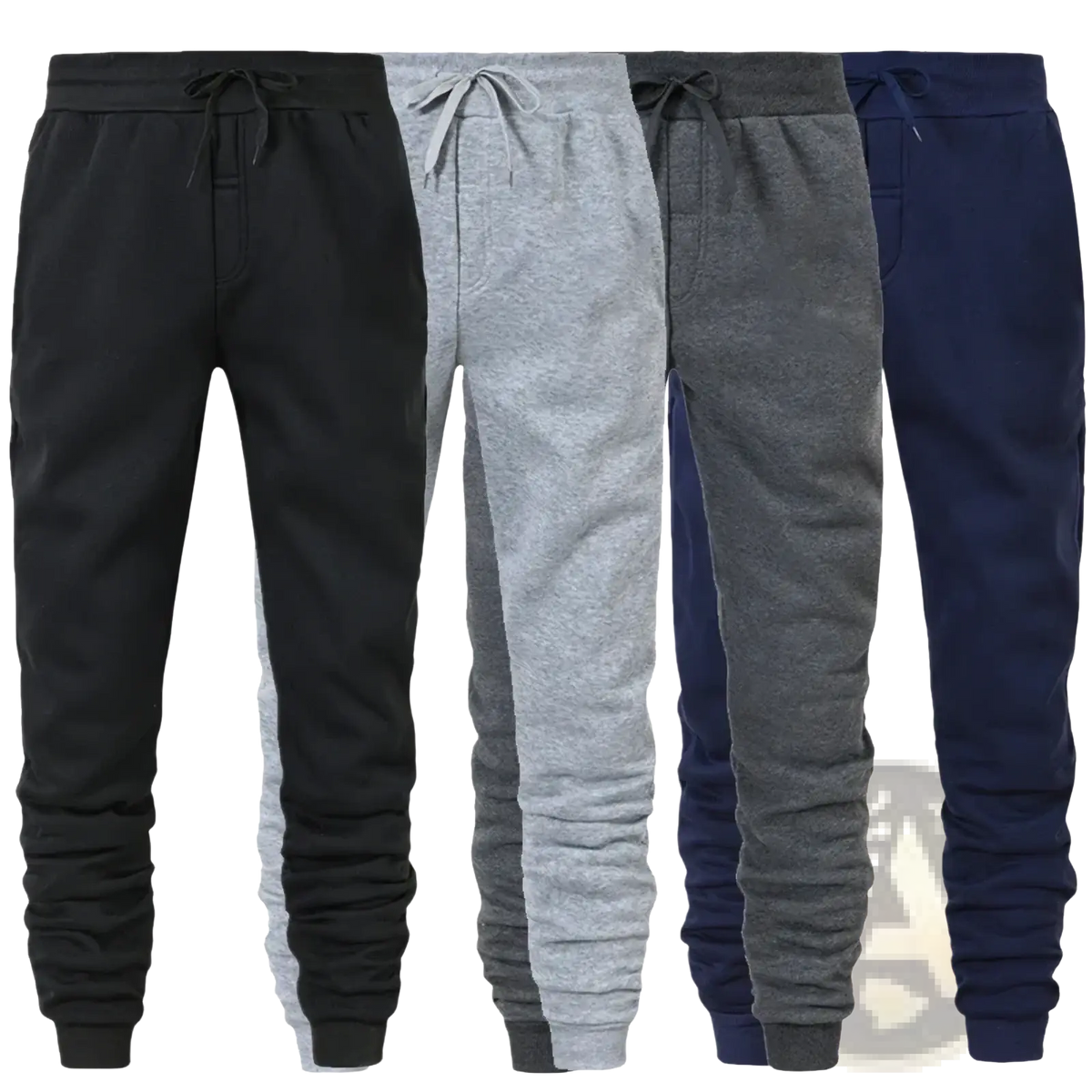 Men fleece jogger sweatpants in black gray and navy blue soft fleece fabric with drawstring waistbands for casual workouts