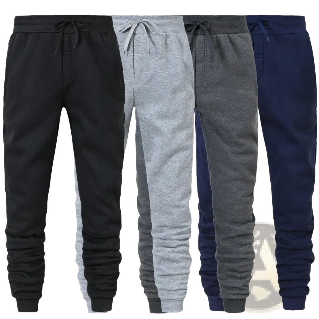 Men fleece jogger sweatpants in black gray and navy blue made of soft fleece with drawstring waistbands for casual workouts