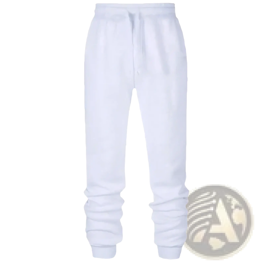 White cotton fleece jogger sweatpants with drawstring waistband and ribbed cuffs for casual workout wear