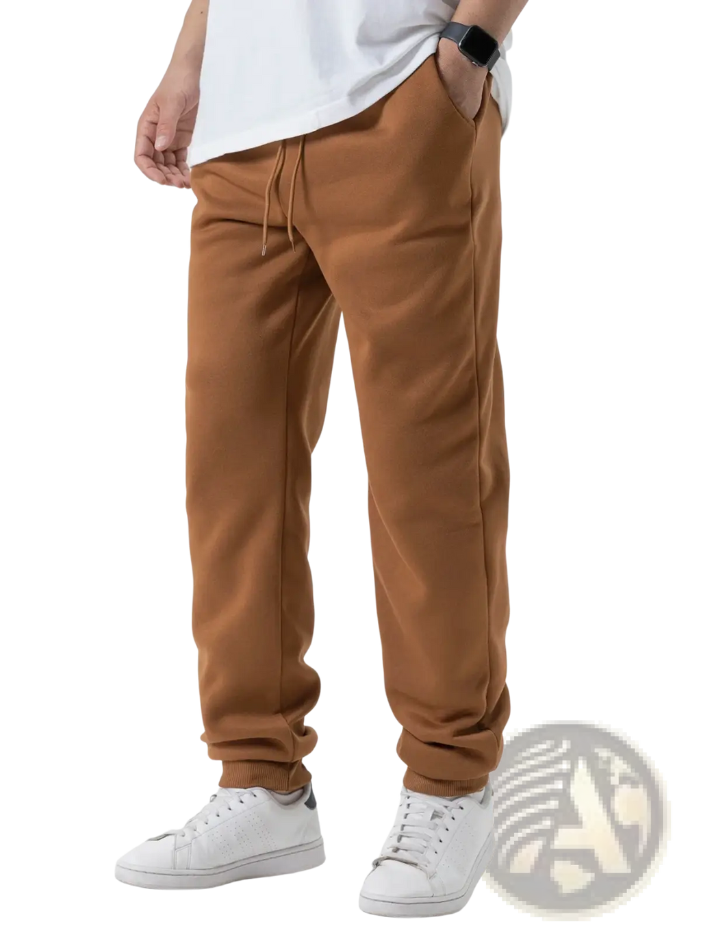 Cropped tan men fleece joggers casual sweatpants with drawstring waist and ribbed cuffs made of soft fleece material