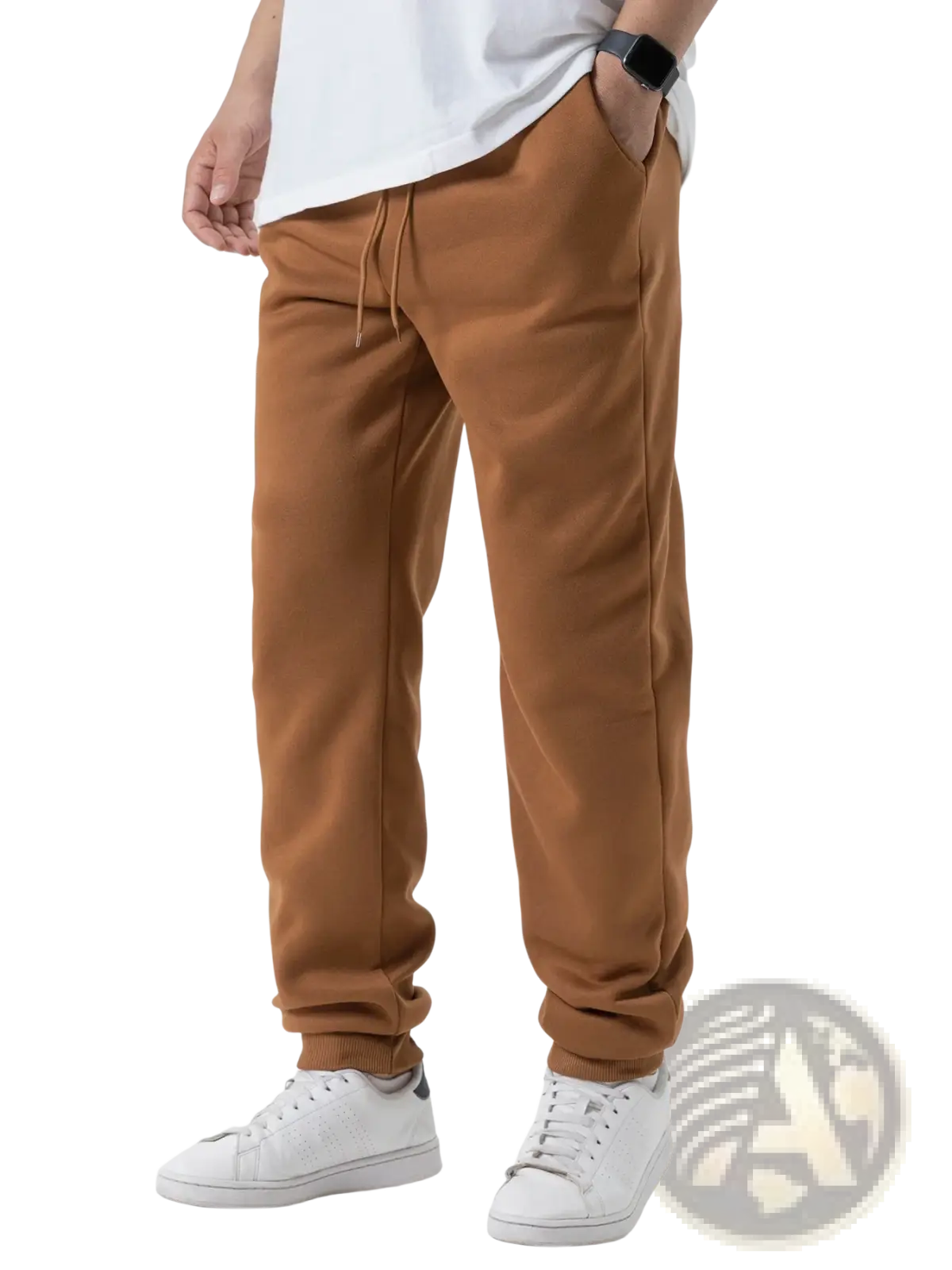 Cropped tan men fleece joggers casual sweatpants with drawstring waist and ribbed cuffs made of soft fleece material