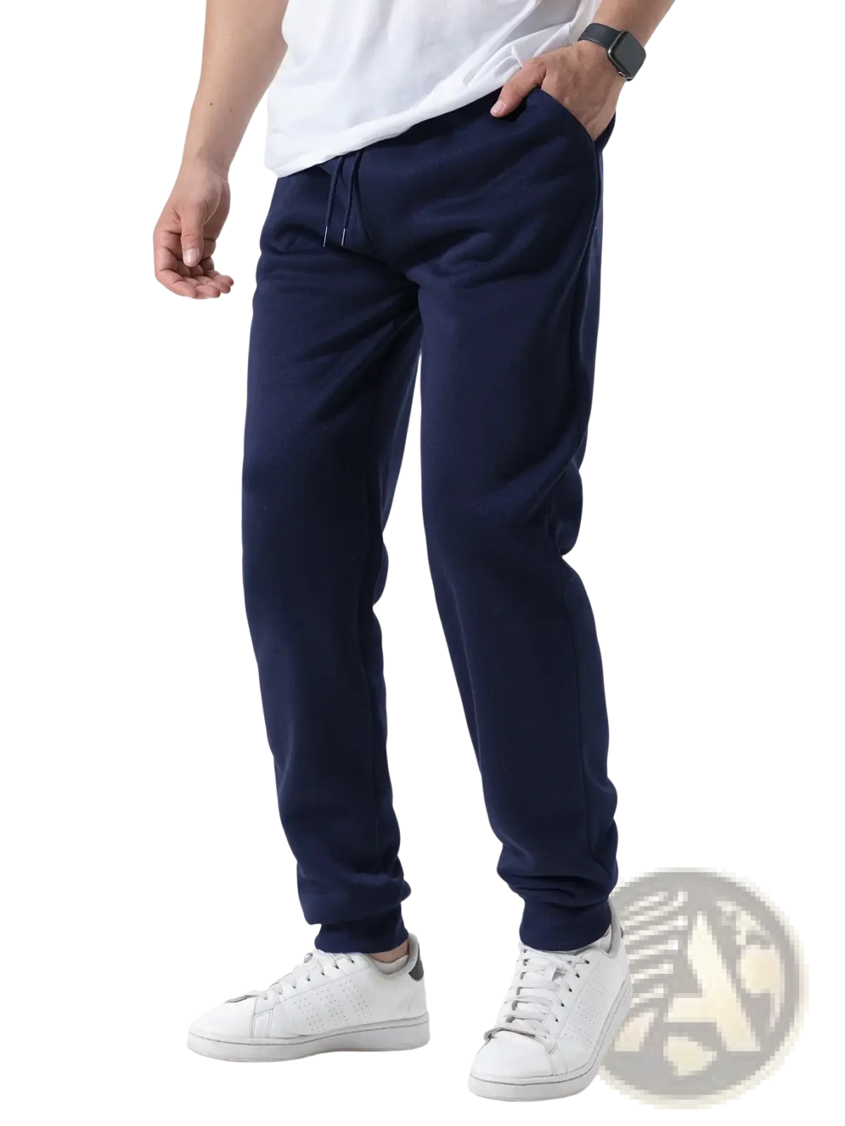 Men fleece joggers casual sweatpants in navy blue with a drawstring waist and elastic cuffs for comfortable wear
