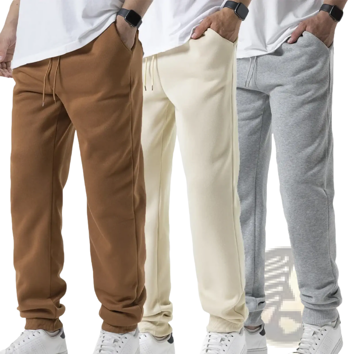Three pairs of men fleece joggers casual sweatpants in brown cream and heather gray colors displayed together
