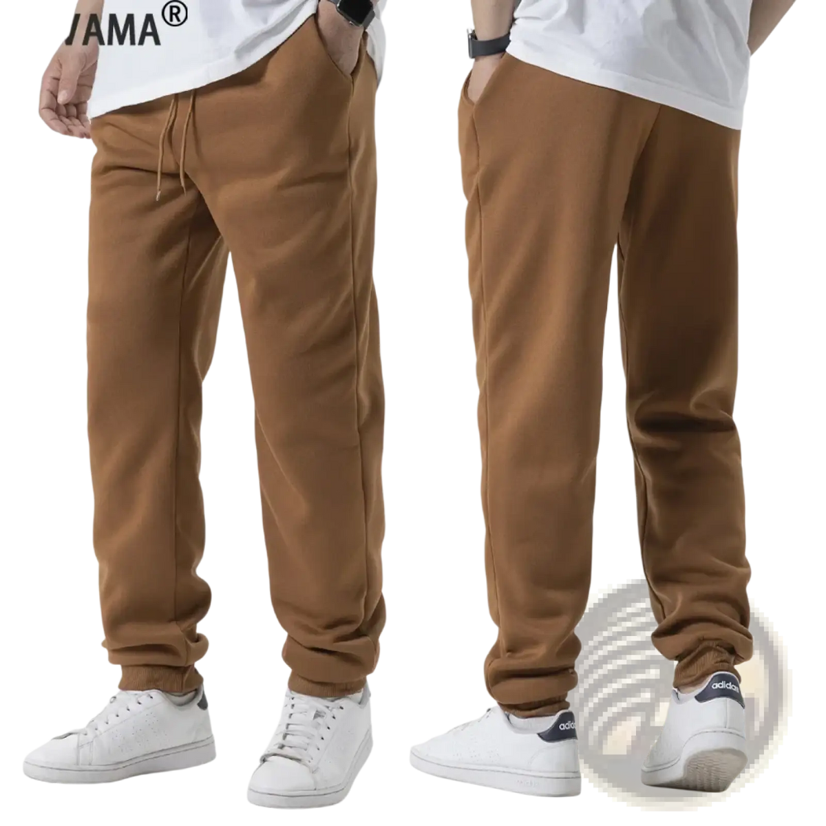 Men fleece joggers casual winter sweatpants in brown cotton with drawstring waist elastic cuffs and relaxed fit