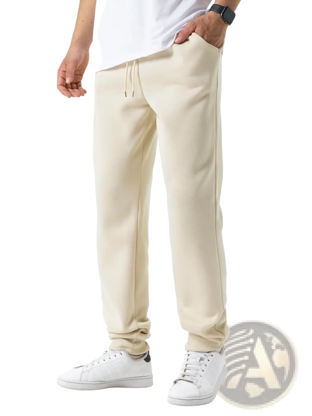 Cream-colored men fleece joggers with drawstring waist and ribbed cuffs for casual winter wear
