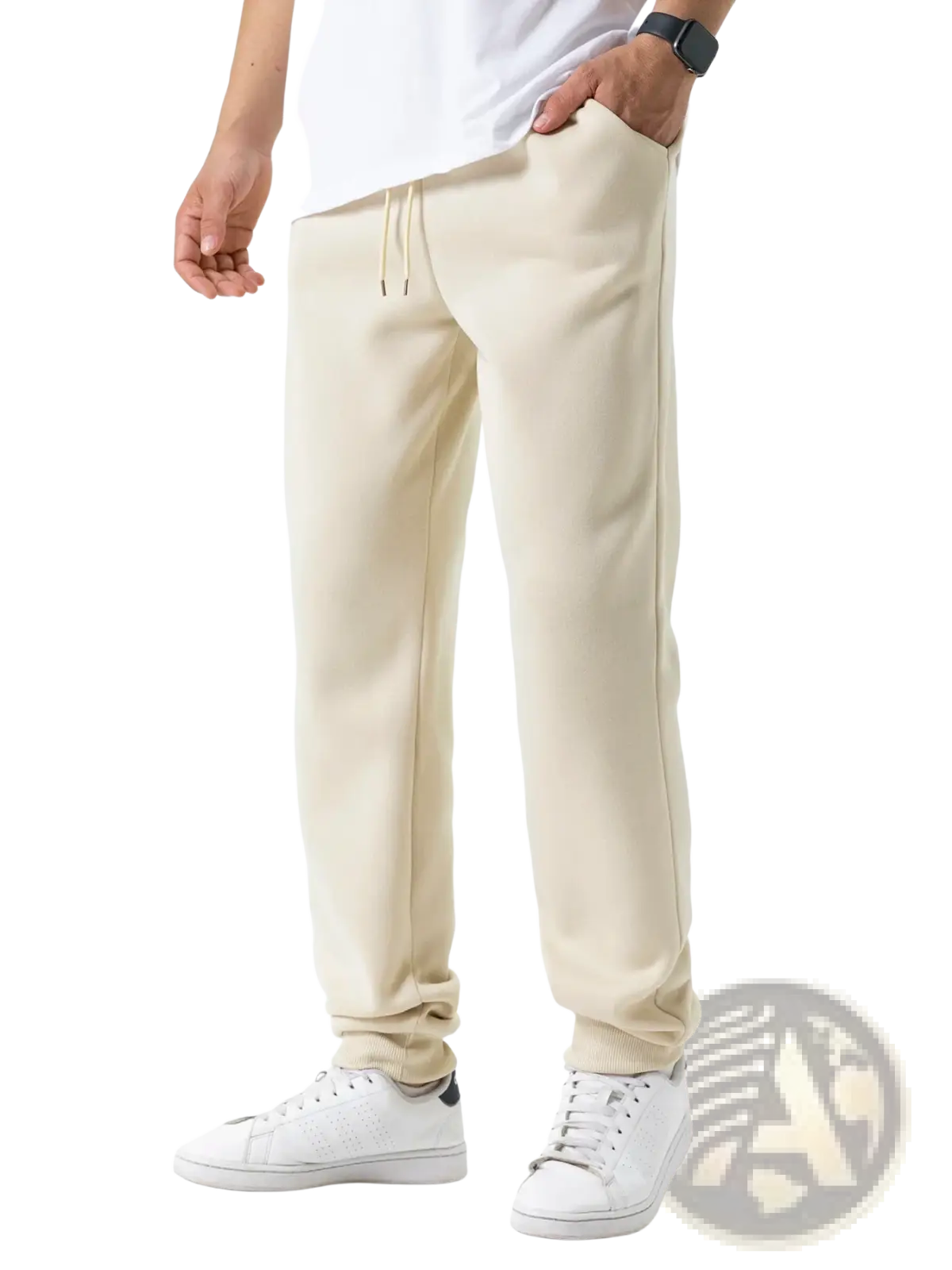 Cream-colored men fleece joggers with drawstring waist and ribbed cuffs for casual winter wear