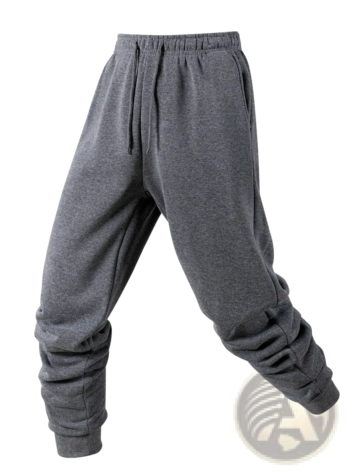 Men fleece joggers in gray heathered fabric with elastic waistband drawstring and tapered cuffs for casual winter wear