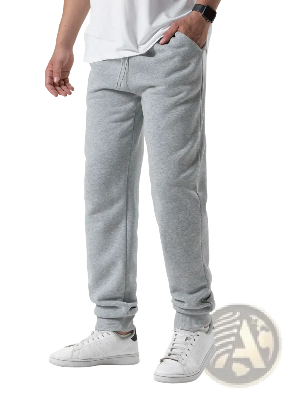 Men fleece joggers casual winter sweatpants in gray heathered fleece with ribbed cuffs and waistband