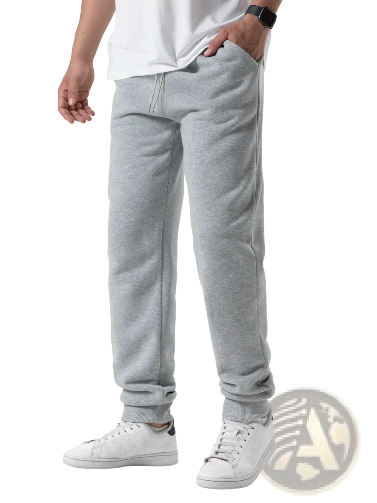 Men fleece joggers casual winter sweatpants in gray heathered fleece with ribbed cuffs and waistband
