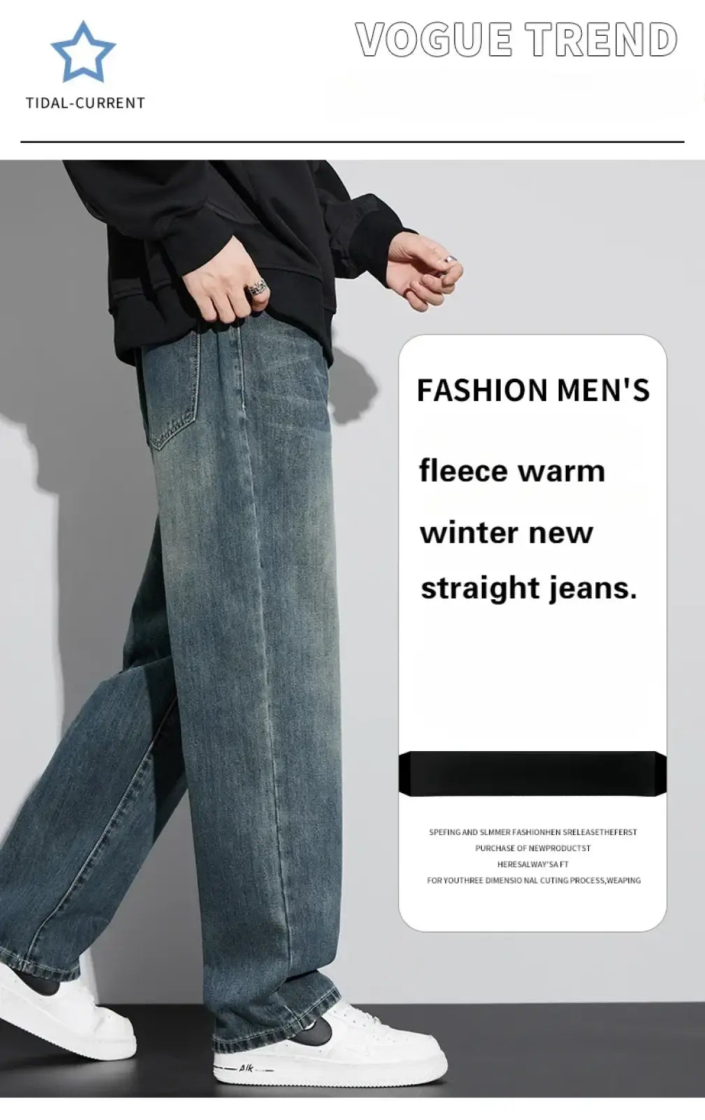 Men fleece lined baggy straight jeans in blue denim with fleece interior for winter wear