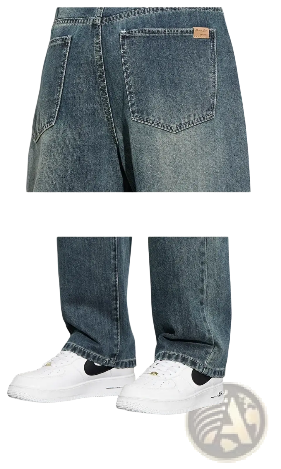 Men fleece lined baggy straight jeans in blue denim with a classic five pocket design and subtle fading