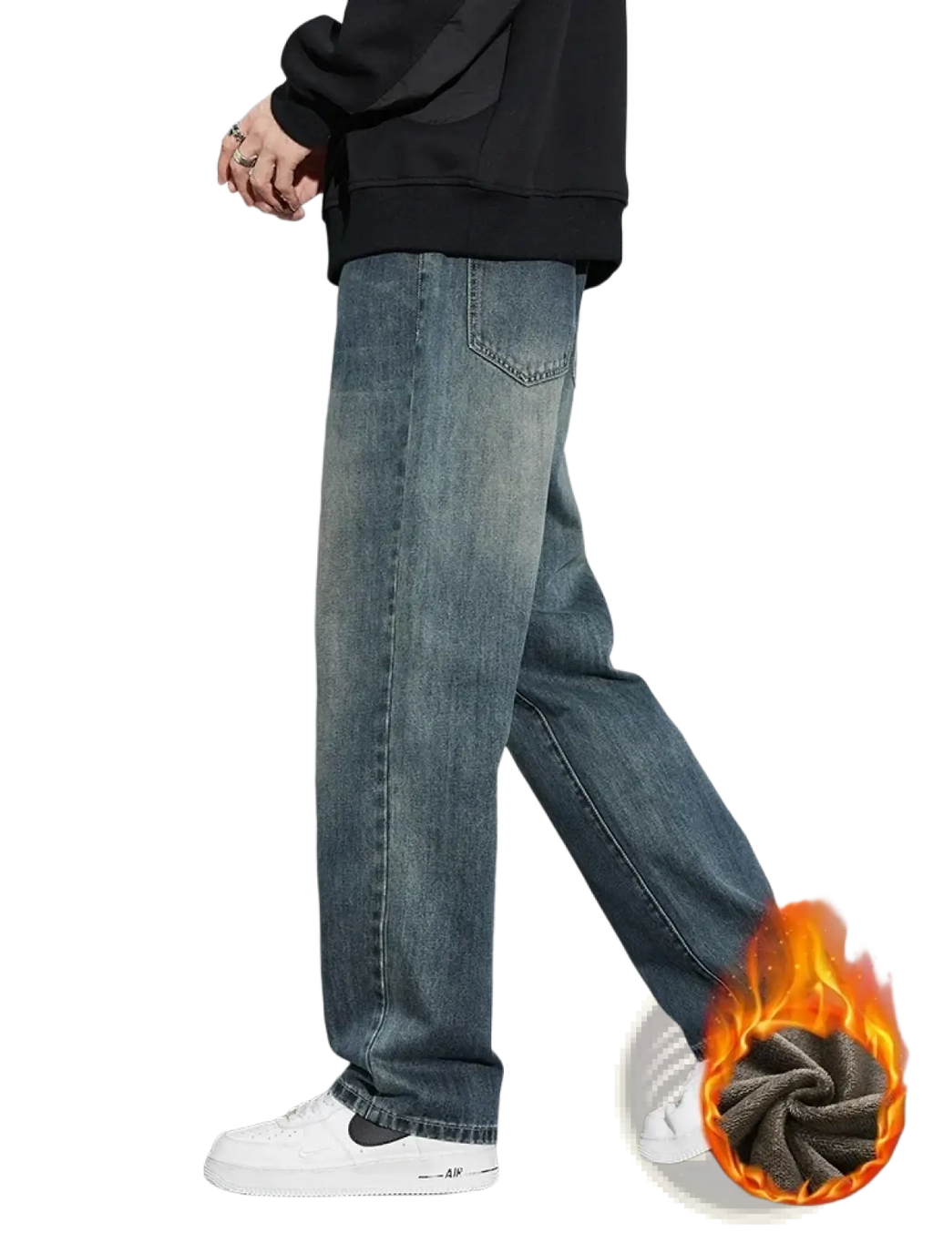 Men fleece lined baggy straight jeans in blue denim with a relaxed fit and cozy fleece-lined interior