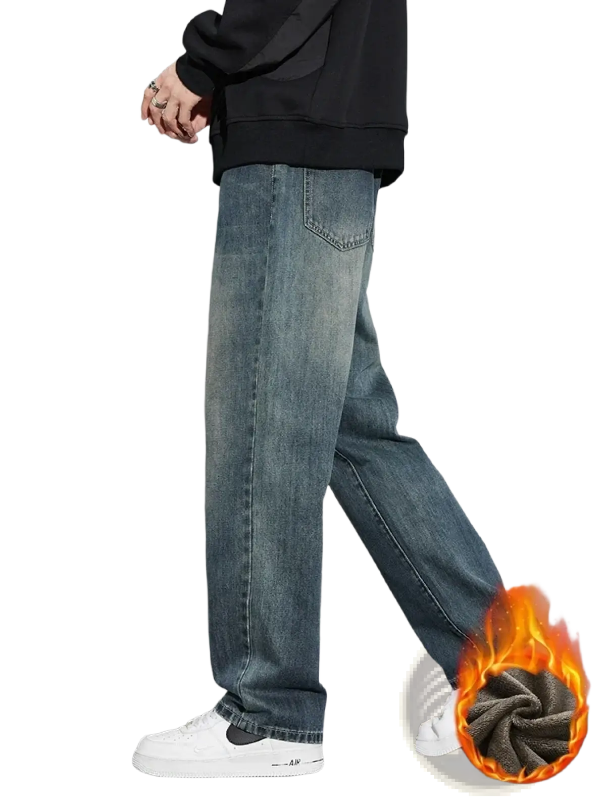 Men fleece lined baggy straight jeans in blue denim with a relaxed fit and cozy fleece-lined interior