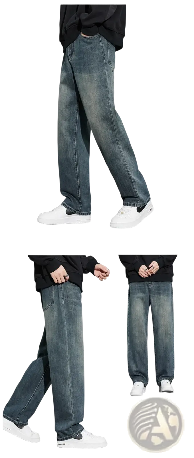 Men fleece lined baggy straight jeans in blue denim with a relaxed straight-leg cut and subtle fading for casual wear