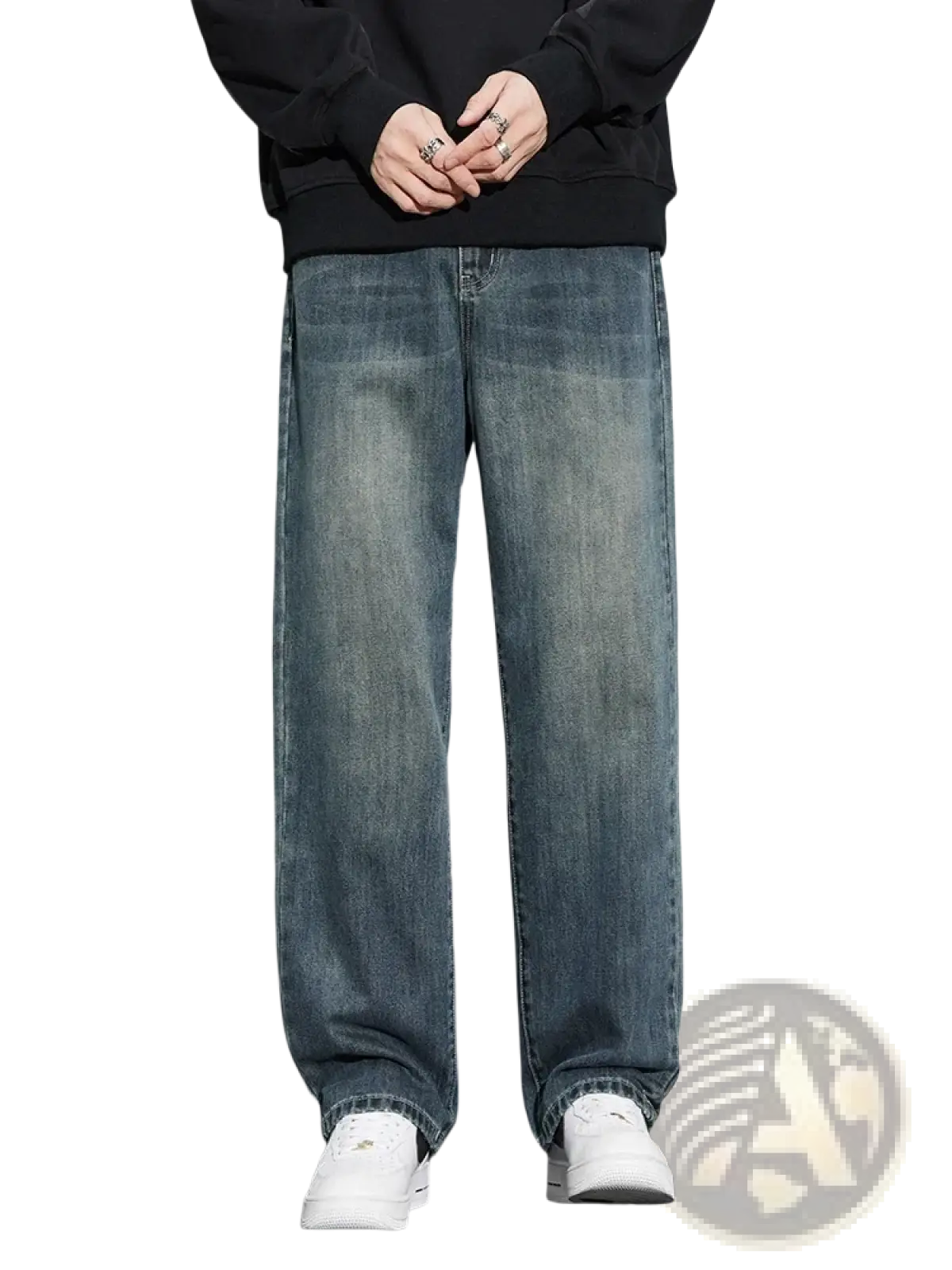 Men fleece lined baggy straight jeans in blue denim with a relaxed wide leg cut and faded wash