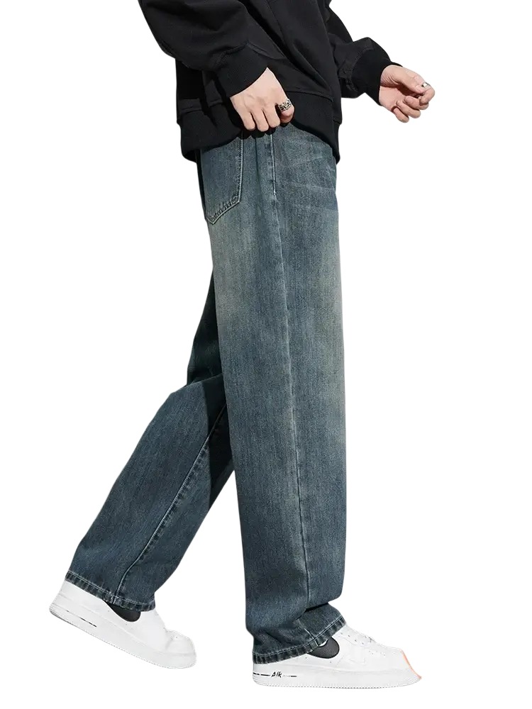 Men fleece lined baggy straight jeans in dark-wash denim with relaxed straight-leg cut and visible stitching details