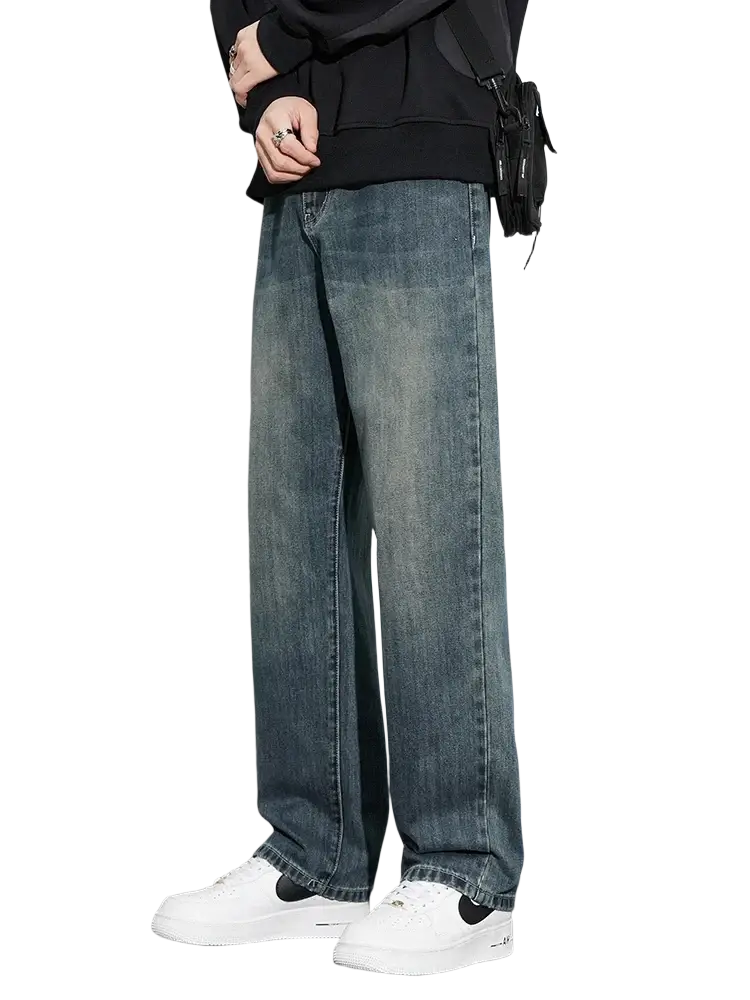 Men fleece lined baggy straight jeans in dark-wash denim with a relaxed straight-leg cut and subtle fading for casual wear
